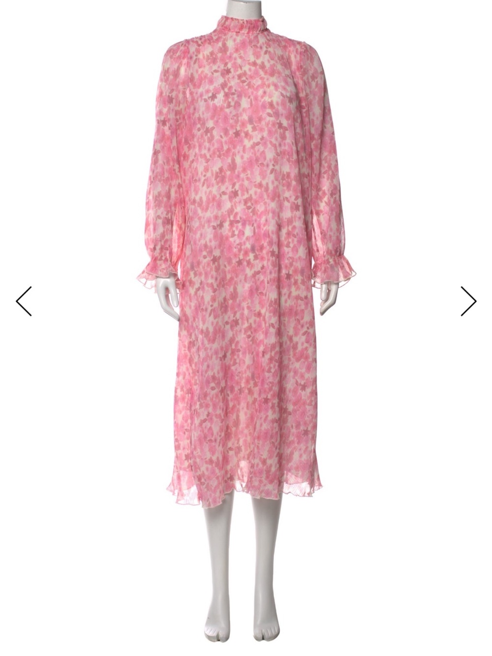 Ganni Pink Floral Georgette Long-Sleeve Midi Dress